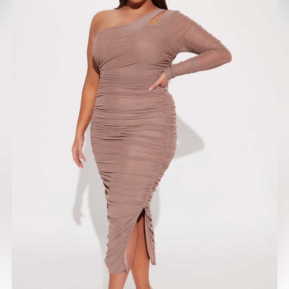 Fashion Nova One Shoulder Maxi Dress in Taupe
